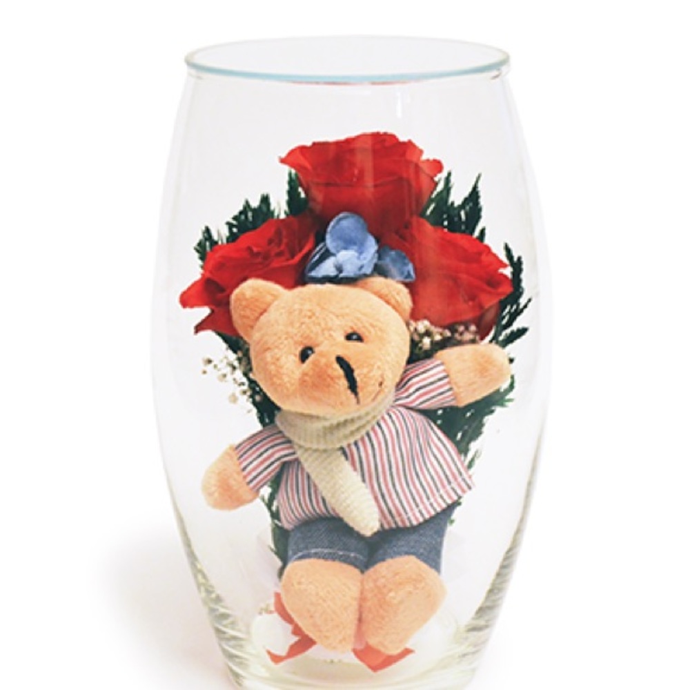 Handmade Preserved Flowers Rose with Teddy Bear.